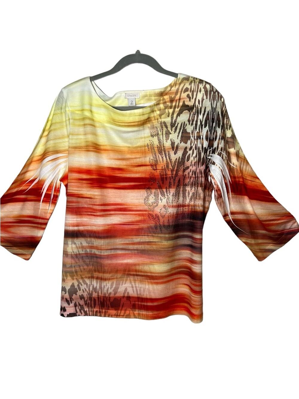 Chicos Tropical Print 3/4 Sleeve Top Size 2